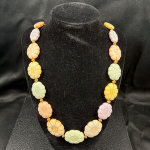 Vintage Genuine Lucite Carved Flower Bead Necklace Pastel Hong Kong Mid Century